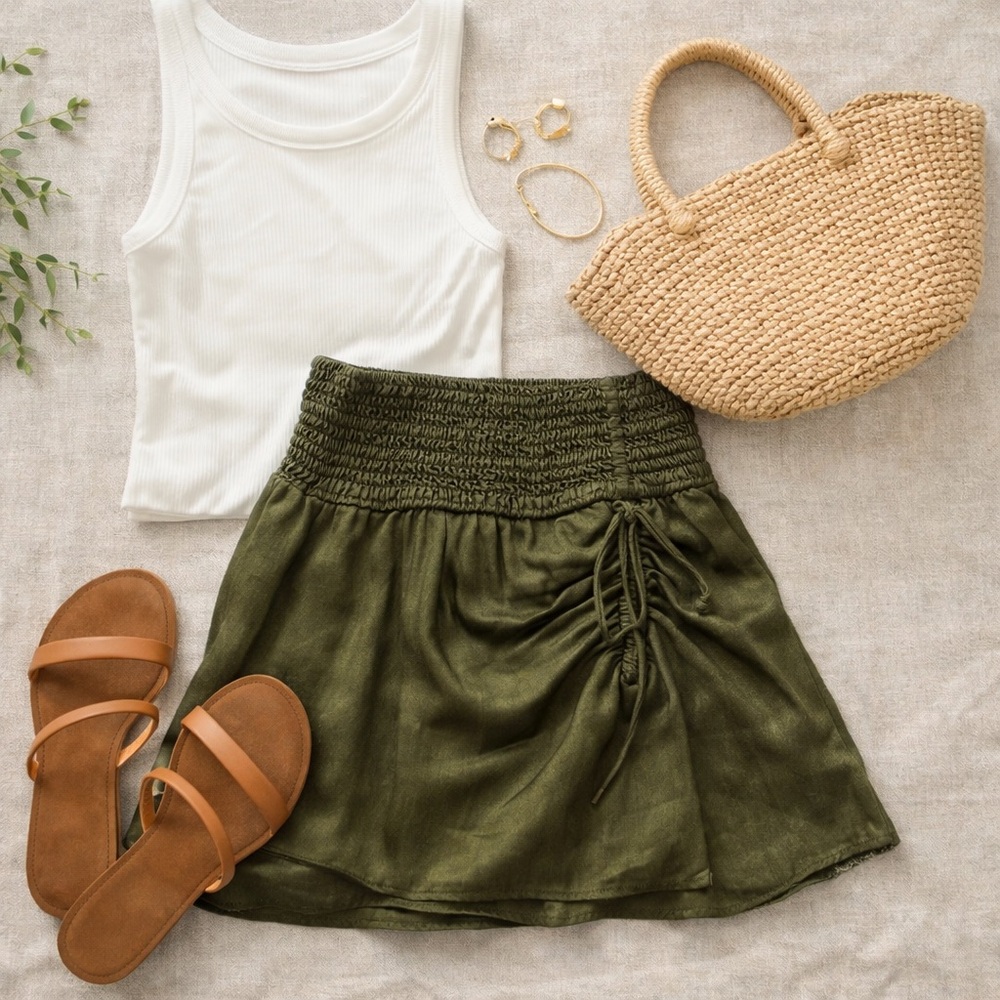 Aerie Smocked Ruched Mini Skirt NWT Green Tie Waist Flowy L - Picture 4 of 12